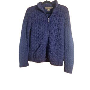 Inis Crafts 100% Merino Wool Zip Aran Cable Knit  Blue Cardigan Jacket M. HL280